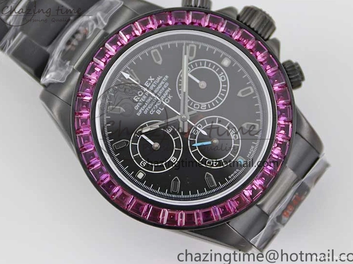 0223 Daytona All Black PVD TWF Best Edition Purple Diamonds Bezel Black Dial on PVD Bracelet SA Lightweight 2446